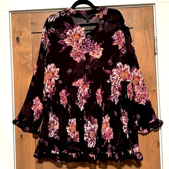 Terra Sky Blouse Womens 1X Floral sheer pleated button down ruffles romantic - Picture 2 of 11